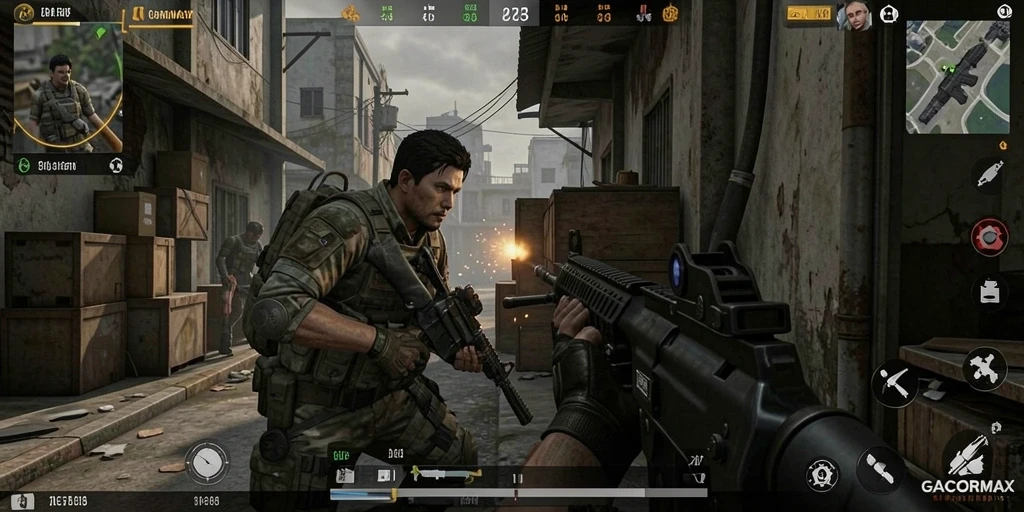 Screenshot gameplay GACORMAX dengan aksi mendebarkan di medan perang.