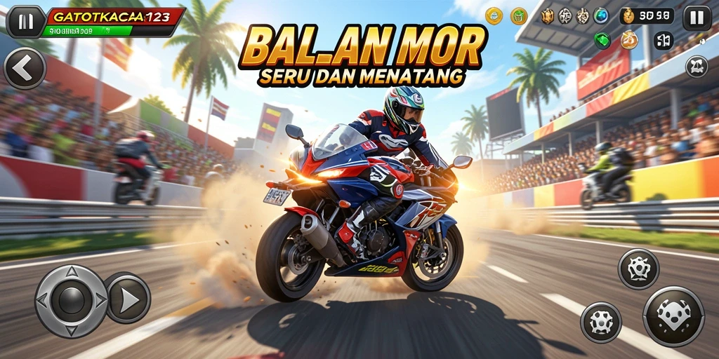 Gameplay seru GATOTKACA123 dengan motor balap melaju kencang.