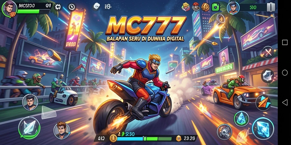 Tangkapan layar gameplay dari MC777 menampilkan aksi balapan seru.