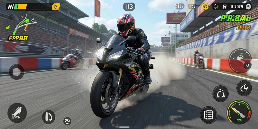 Tampilan gameplay PP88 dengan motor balap di trek menantang.